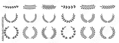 Laurel wreath. Leaf logo, crown with leaves, greek olive award or medal decoration, anniversary plants and flowers black silhouette. Botanical circle frame. Vector icon design