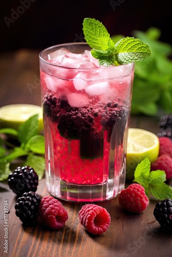 Refreshing Blackberry Mojito Cocktail with Fresh Berries in Sun-Kissed Summer Vibes - A Summer-inspired Food Photography in an Aspect Ratio of 2:3: Generative AI