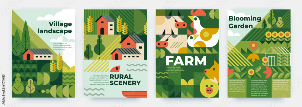 Obraz premium Nature house landscape. Geometric patterns. Abstract posters with village plants and flowers. Countryside scenery. Forest trees. Farm animals. Modern banner design. Vector backgrounds set