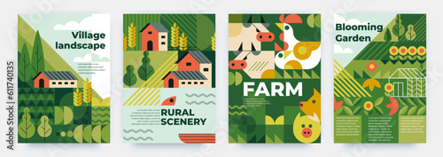Nature house landscape. Geometric patterns. Abstract posters with village plants and flowers. Countryside scenery. Forest trees. Farm animals. Modern banner design. Vector backgrounds set