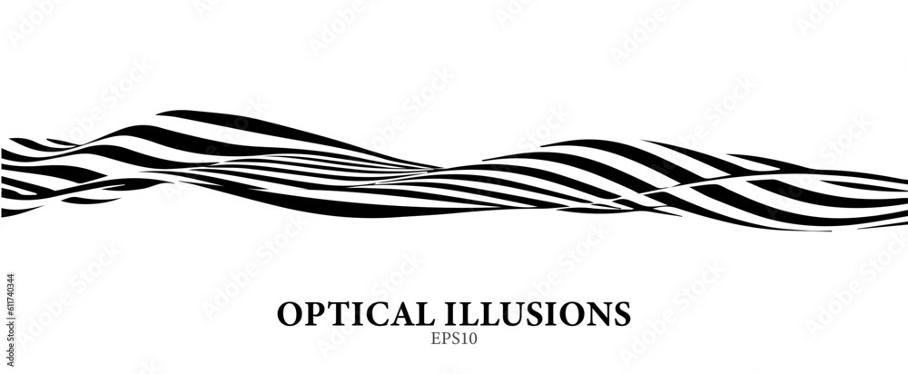 Fototapeta premium Black and white abstract wave with distortion effect. Optical illusion. Twisted vector illustration.