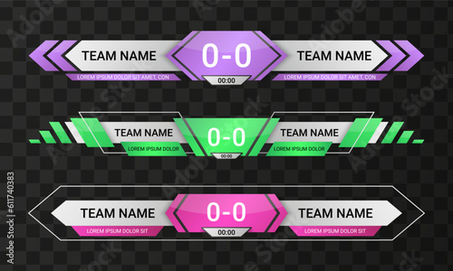 Lower third bar. Soccer match title. Basketball vs sport scoreboard. Game score template. Goals statistic. Playing time and athletic team name. Vector tournament display layouts set