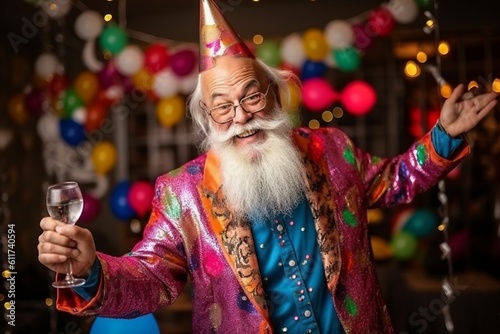 Portrait of cheerful old man with long white beard and mustache holding glass of champagne at birthday party