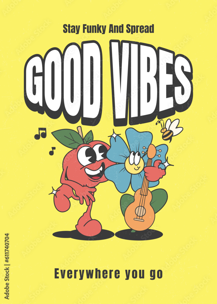 Naklejka premium Retro 30s poster with positive quotes and cartoons in trendy style, vector illustration