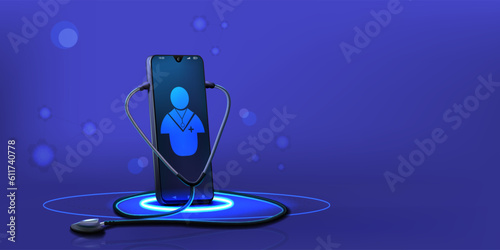Health care smartphone application. Online digital healthcare. Doctors consultation. Phone app. Tele call with stethoscope in medical clinic. Medicine web service vector background