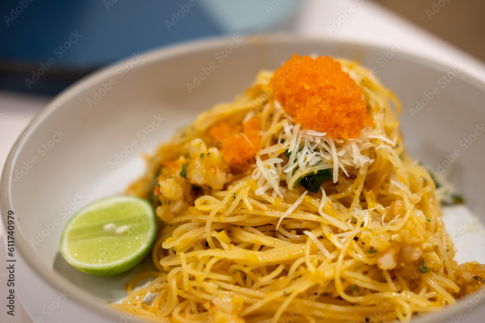 Spaghetti spicy shrimp with tobiko or flying fish roe Spaghetti spicy shrimp with tobiko or flying fish roe