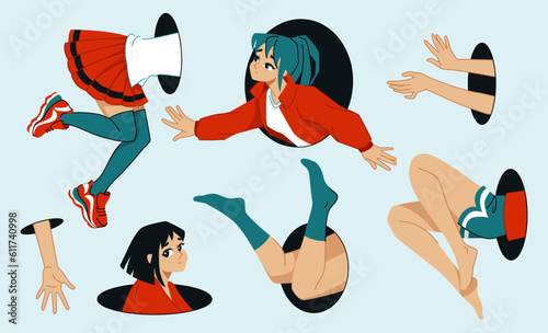 Human poses. Abstract arm and foot in hole. Fashion fitness woman or cute girl beauty. Sport exercise silhouettes. Separated body parts. Divided woman. Vector design illustrations set