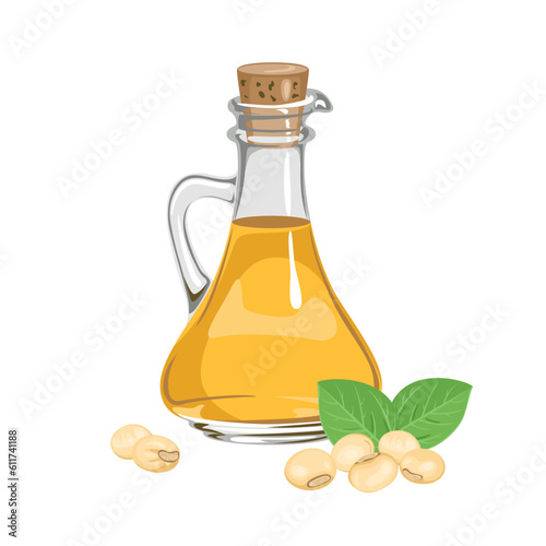 Soybean oil in glass bottle. Vector cartoon illustration of healthy organic food