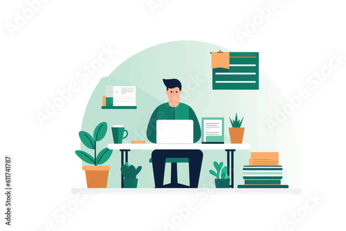 person working at a desk with a laptop and documents. It conveys professionalism and productivity in a modern business environment