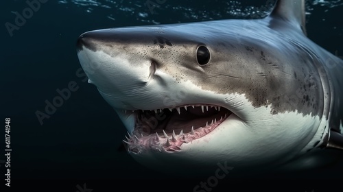 Shark. A Proud Shark with a Majestic view in the Underwater Blue Depths close-up. Underwater Life.  Ai Generated Art.