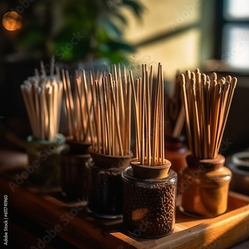 Various incense sticks on a stand burn with smoke  aroma in the house  decoration and aromatization of the room. Generative AI 