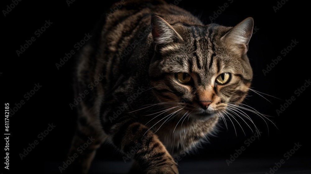 Cat Isolated in Dark. Beautiful Cat Isolated on Black Background. front view . Black Background . Indoors . Cat Isolated, Ai Generated Art. 