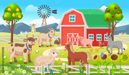 Farm panorama with a  barn  houses  mills  fields  trees and farm animals.Big scene with farm animals for kids.Vector illustration in cartoon style.