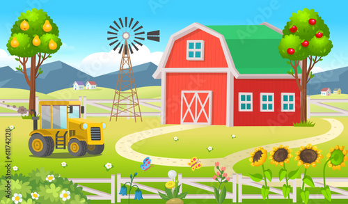 Farm panorama with a barn, houses, mills, fields, trees and tractor. Big scene for kids.Vector illustration in cartoon style.