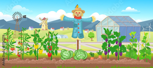 Farm panorama with garden with vegetables on the beds,
 mills, fields, trees, windmill, scarecrow.  Big scene for kids.Vector illustration in cartoon style.  