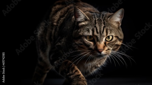 Cat Isolated in Dark. Beautiful Cat Isolated on Black Background. front view . Black Background . Indoors . Cat Isolated, Ai Generated Art. 