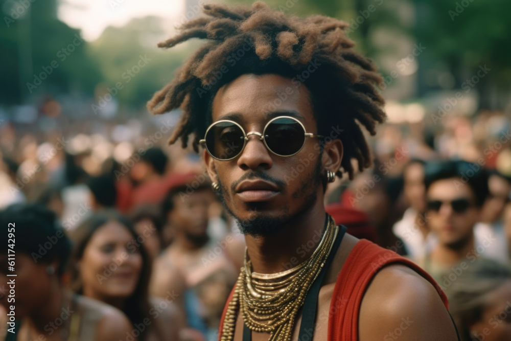 Portrait of African guy on afropunk festival. AI generative