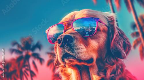 Hund mit Sonnenbrille am Strand -  Vaporwave oder Synthwave Stil - Photorealistisch