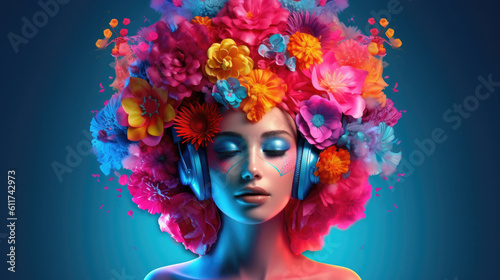 Frau mit Kopfhörern und Blumen in den Haaren - Künstlich - Flower Power Hintergrund