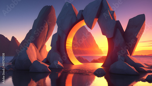 sunset over the mountains, render, circle, neon Generative AI