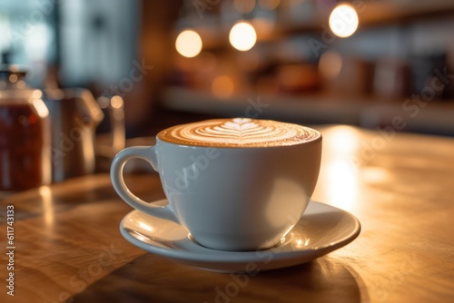 Cup of Coffee Cappuccino Flat White, White Cup of coffee on wooden table in coffee shop