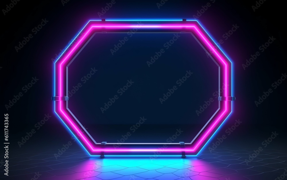 Neon Light background with hexagonal frame 3D illustration geometric wallpaper. generative ai Neon Light background with hexagonal frame 3D illustration geometric wallpaper. generative ai