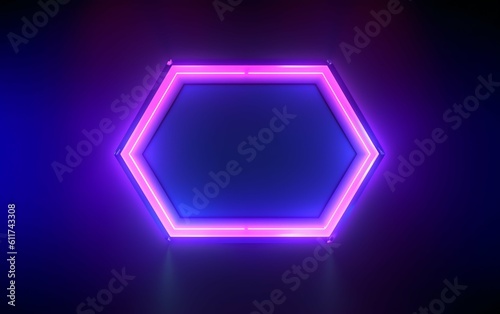 Neon Light background with hexagonal frame 3D illustration geometric wallpaper. generative ai