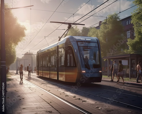 AI generated a tramway that runs through the center of a city while pedestrians are walking leisurely.