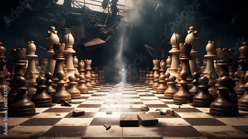 Obraz na płótnie Destruction and Strategy Chess Pieces Face Each Other in Devastated Surroundings