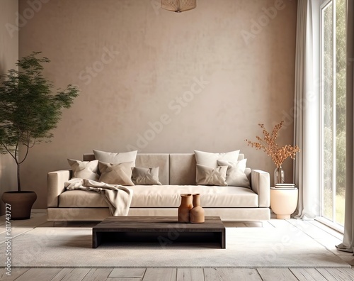 Canapé moderne dans une pièce neutre, dans le style de mise en scène minimaliste, beige foncé et beige clair, cottagecore, palettes monochromes, maquette