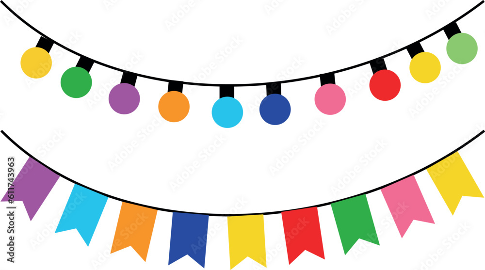rope with colorful flags and a rope with colorful lights for