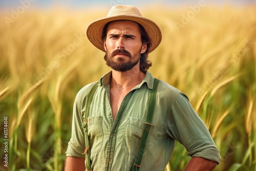 Young farmer standing in a green wheat field examining crop.Generated with AI