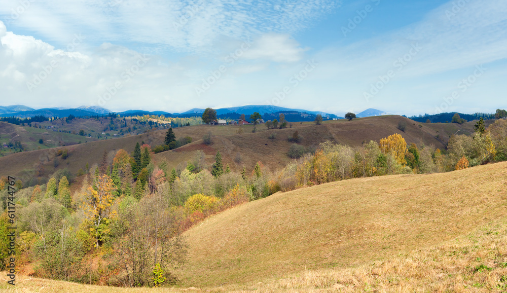 Beautiful autumn mountain panorama and village on mountainside (Carpathian, Ukraine).