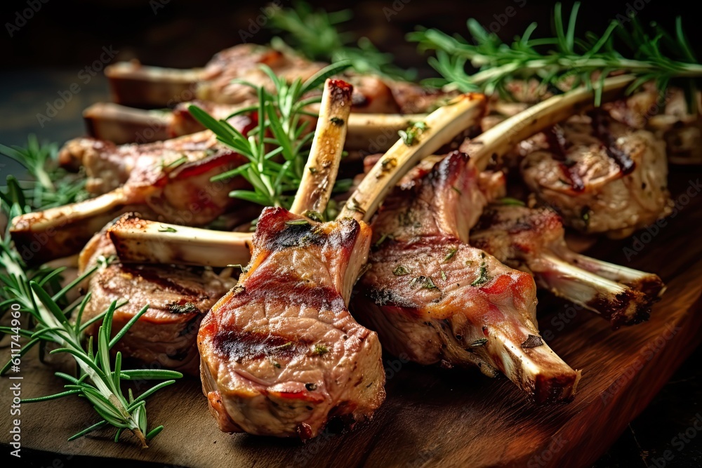 Sizzling Organic Grilled Lamb Chops: Mouthwatering Bone-in Cutlets for a Delicious Bar-B-Q Dinner: Generative AI