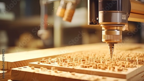 Industrial Wood Factory with Computer Numerical Control Machines for Precision Cutting and Routing. Fraser Bit and Cutter in Action. Generative AI