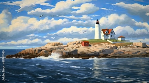 Nubble Lighthouse: Majestic Views of the Iconic Maine Landmark amidst the Atlantic Ocean Waves and Boats with Seagulls Flying Above: Generative AI photo