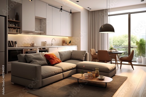 Stylish Apartment Interior with Modern Kitchen. Contemporary Design, Clean and Cosy. Ideal for Home Decoration and Inspirational Background. Generative AI © AIGen