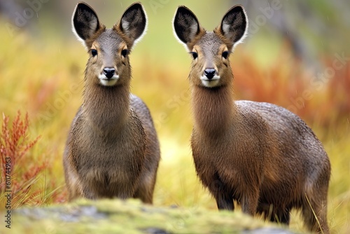 Siberian Musk Deer Pair  A Rare and Wild Cervid Species in Nature. Generative AI