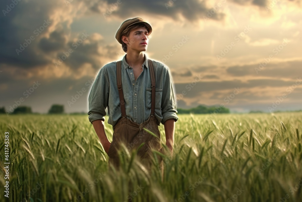 Young farmer standing in a green wheat field examining crop.Generated with AI