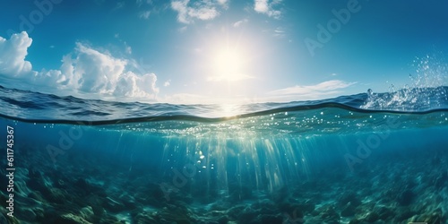 Underwater bliss: mesmerizing blue sky and radiant sun on ocean water surface, generative AI © avrezn
