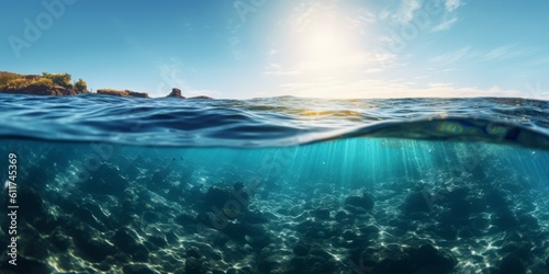 Underwater bliss: mesmerizing blue sky and radiant sun on ocean water surface, generative AI