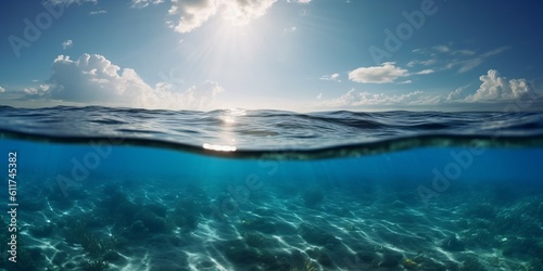 Underwater bliss: mesmerizing blue sky and radiant sun on ocean water surface, generative AI