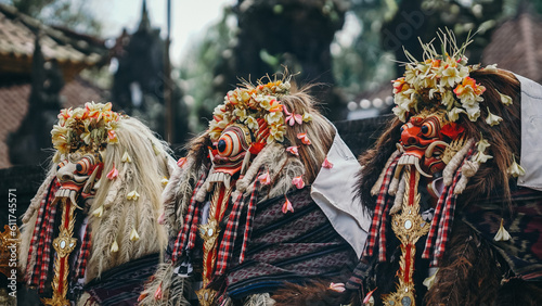 Three Balinese Rangda sacred masks displayed during the Mesucian ceremony in Karangasem, Bali. photo