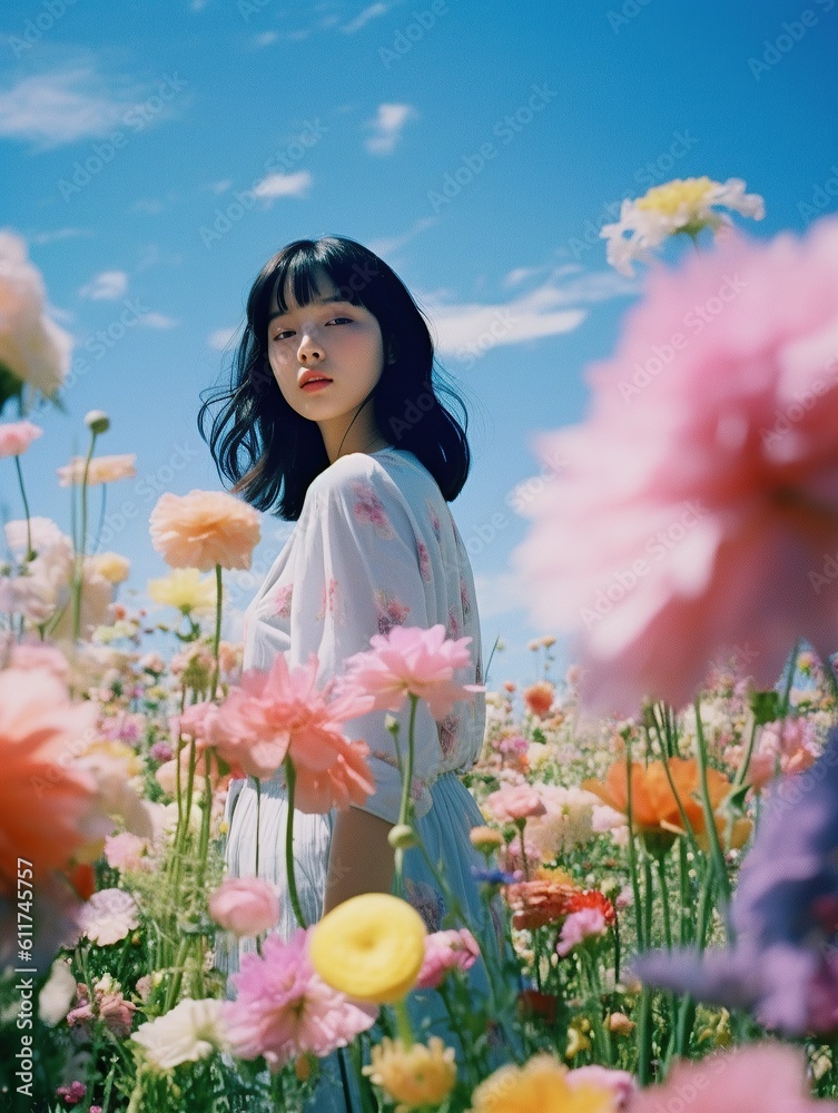 Beautiful asian girl woman posing in a garden full of fresh beautiful ...