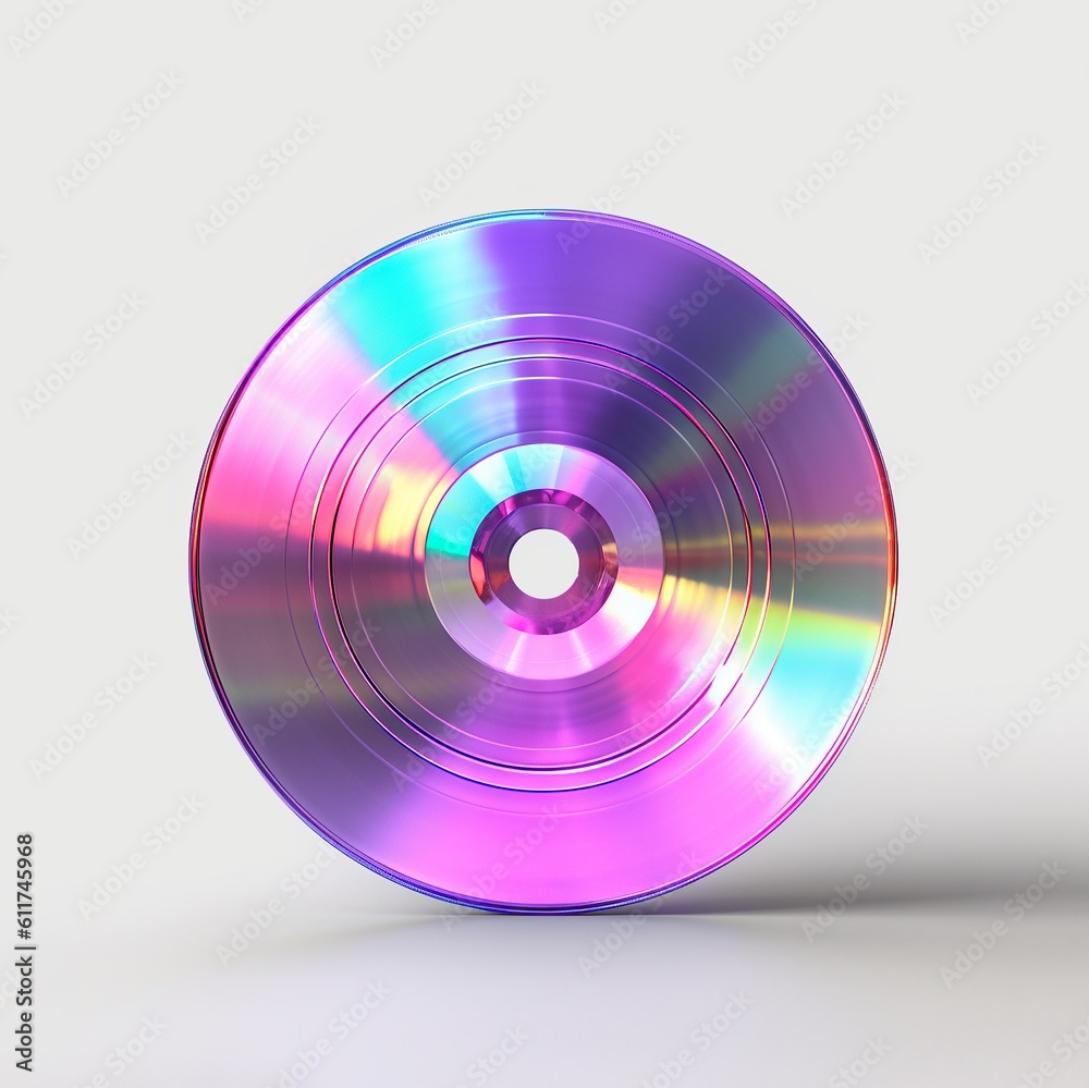 Neon colored diamond glass metalic object CD disc on white background with reflection. Generated AI. Neon colored diamond glass metalic object CD disc on white background with reflection. Generated AI.