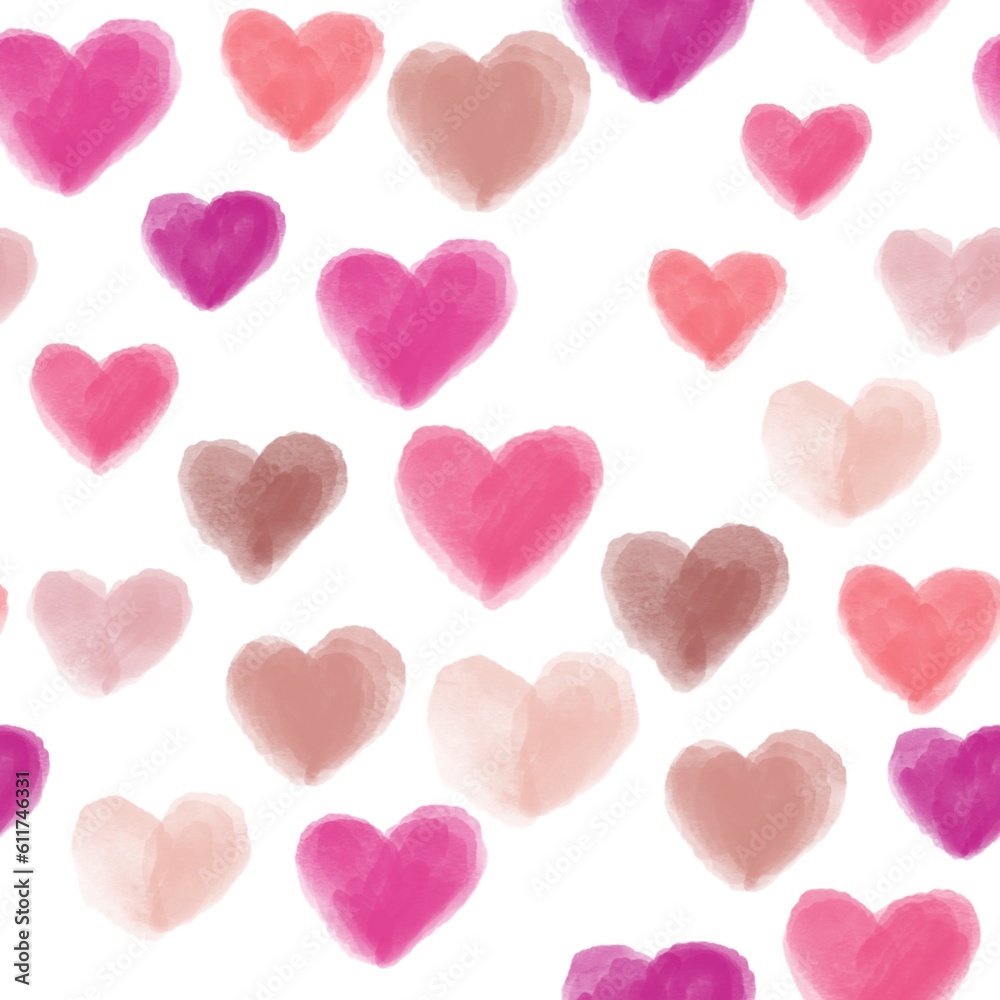 Seamless pattern watercolor hearts, pink colors, valentine