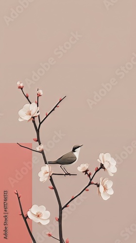 Un simple fond d   cran de t  l  phone moderne avec des fleurs et des oiseaux  avec une esth  tique minimale et abstraite.