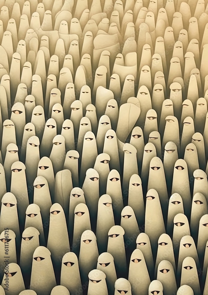 Obraz premium Quelqu'un dans la foule, dans le style du surréalisme minimaliste, de la nostalgie pastorale, du blanc foncé et du beige foncé, des jeux de mots visuels