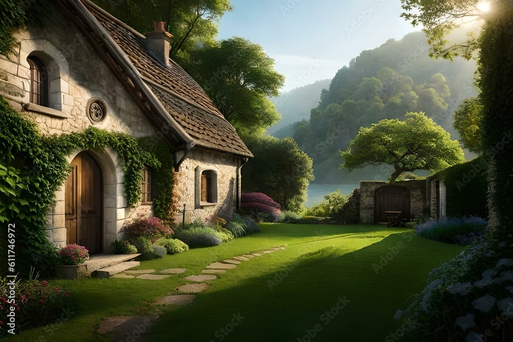 An idyllic image of a charming cottage nestled in a picturesque countryside, surrounded by blooming flowers and rolling hills