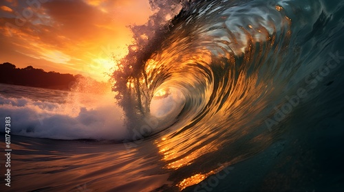 Sunset View of a Wave crushing into the Sea